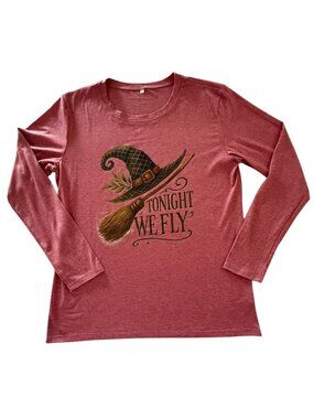 Witch Graphic Tee Womens L Tonight We Fly Halloween Long Sleeve Red